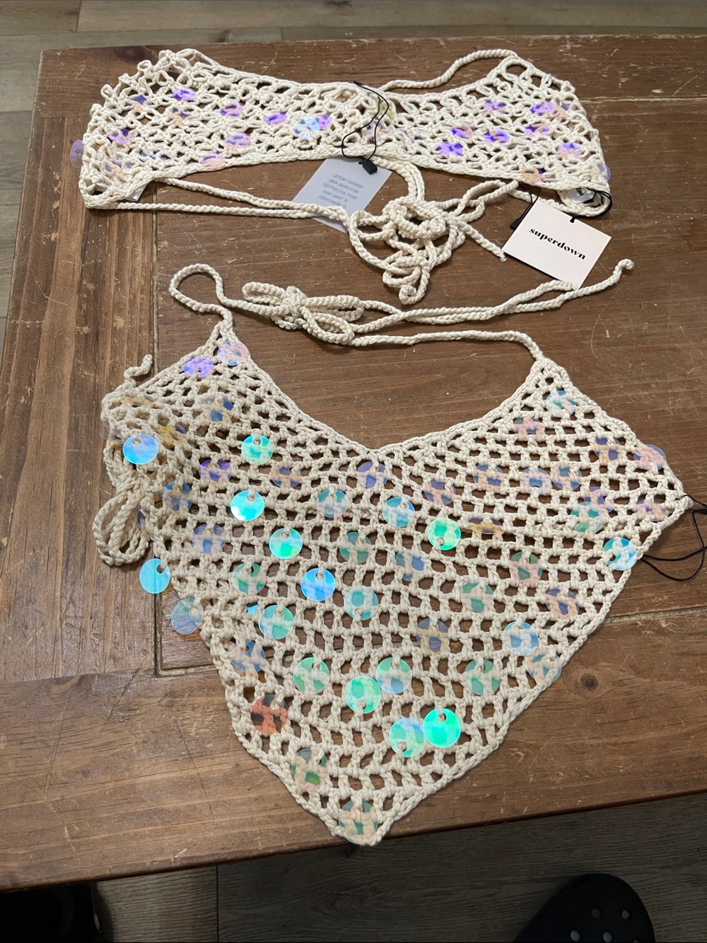 Superdown 2 Cream Crochet Sequin Triangle Scarf Tops